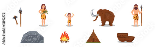 Stone Age People and Objects with Fire, Mammoth, Tent, Cave, Bowl and Weapon Vector Set