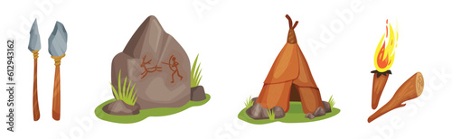 Stone Age Objects with Cave Drawing, Hut, Torch and Weapon Vector Set