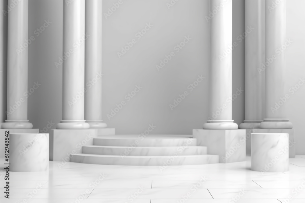 3d rendering empty marble podium with white row of white pillars. Abstract scene for product displayr, generative ai 3d rendering empty marble podium with white row of white pillars. Abstract scene for product displayr, generative ai