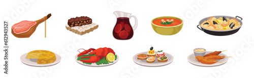 Spanish Dish and Food Served for Restaurant Menu Vector Set