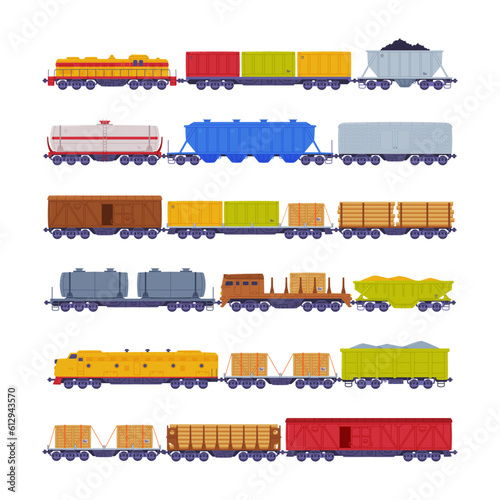 Train or Locomotive with Wagon Pulling Freight and Cargo Vector Set