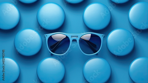 Creative layout made of sunglasses, flat lay on blue background. Summer concept. Sunglasses mockup as design element vacation and journeys top view. Ai generative