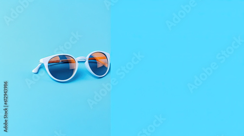 Creative layout made of sunglasses, flat lay on blue background. Summer concept. Sunglasses mockup as design element vacation and journeys top view. Ai generative