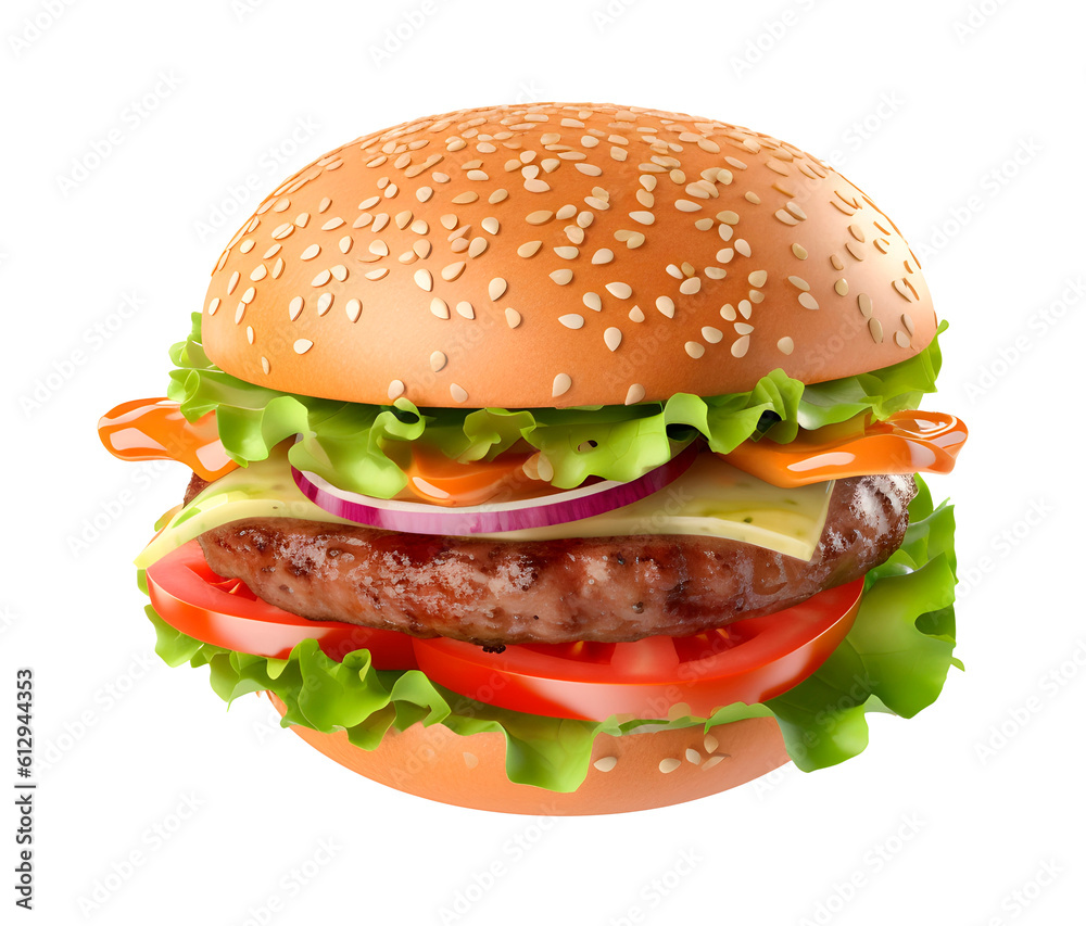 Big hamburger on white background, fast food concept, realistic 3D illustration, generative ai Big hamburger on white background, fast food concept, realistic 3D illustration, generative ai