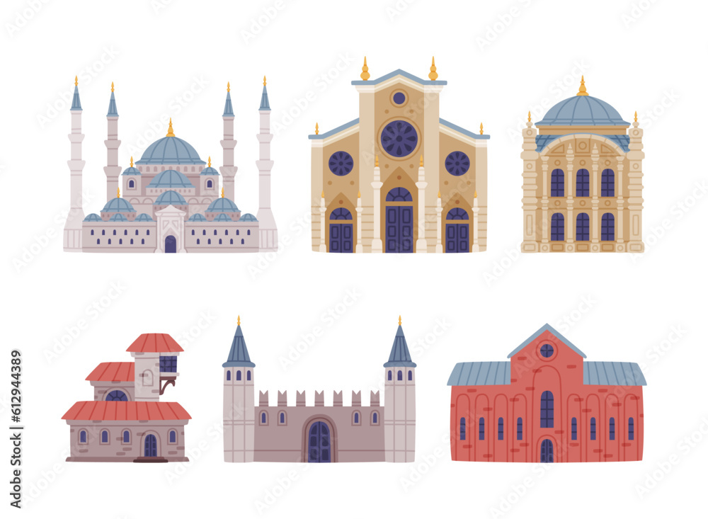 Turkey Building with Mosque, House Exterior and Stone Construction Vector Set