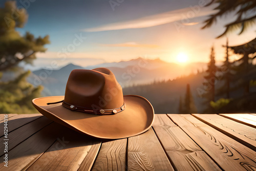 Cowboy hat on planks, created with Generative AI technology