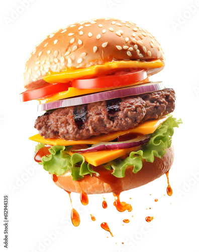 Fototapeta Flying big hamburger on white background, fast food concept, realistic 3D illustration, generative ai