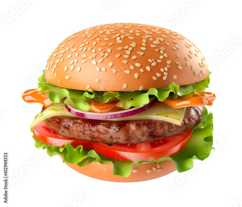 Big hamburger on white background, fast food concept, realistic 3D illustration, generative ai