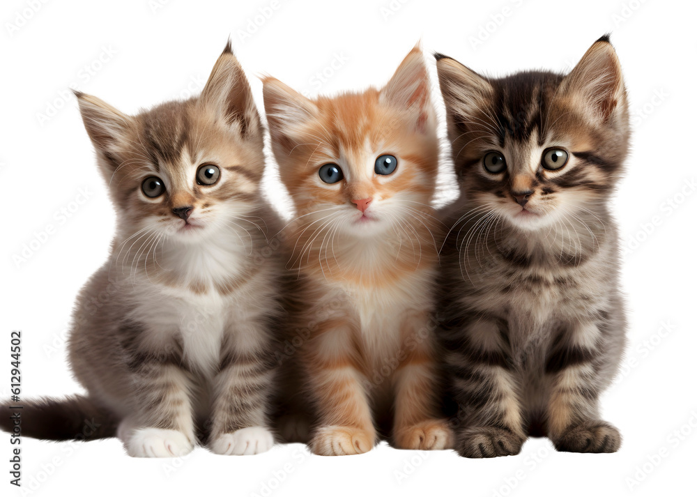 Cute cats on white background, pets concept, realistic 3D illustration, generative ai