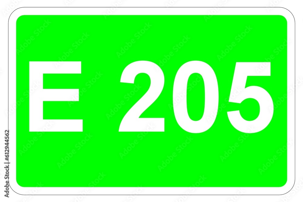 Illustration eines Europastraßenschildes der E 205 in Europa Illustration eines Europastraßenschildes der E 205 in Europa