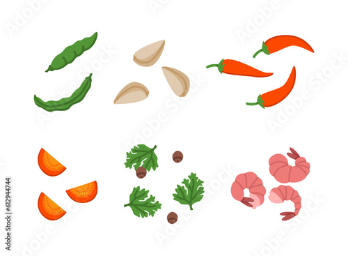 Different Wok Asian Food Ingredient Vector Illustration Set