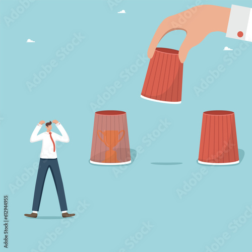 Defeat or failure in choosing a strategy or business development plan, losing to a competitor, difficulties in solving problems, loss of investment or money, a shocked man did not find a winner's cup.