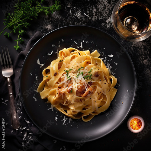 Pasta fetuchini o fettuccine italiana casera con champi  ones y salsa de queso.Cocina tradicional italiana.IA generada.