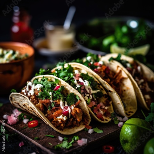 Tacos mexicanos con carne, tomates y queso. Taco de carne, comida mexicana.Modo elegante,encanto rústico,iluminación suave y colores cálidos y apagados, tonos tierra cálidos.IA generada.