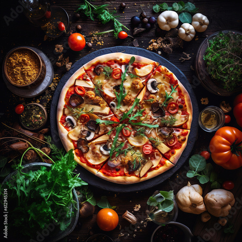 Ingredientes alimentarios y especias para cocinar pizza. pizza italiana sobre fondo negro. Vista superior.Ambiente elegante y encanto rustico. Ia generada.