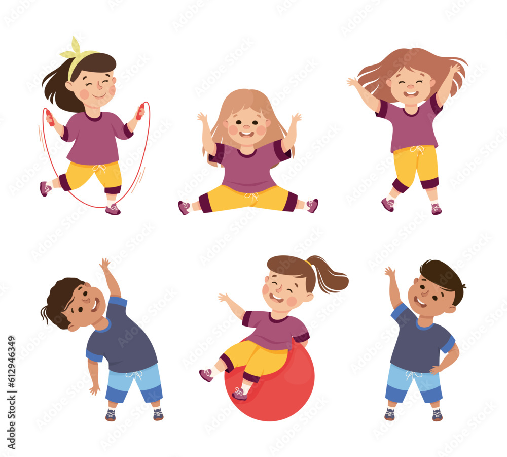 Children Engaged in Physical Education Doing Various Sports During Class at School Vector Illustration Set Children Engaged in Physical Education Doing Various Sports During Class at School Vector Illustration Set