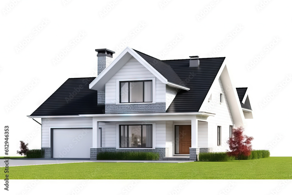 corner view of a modern wooden house with front lawn and garage