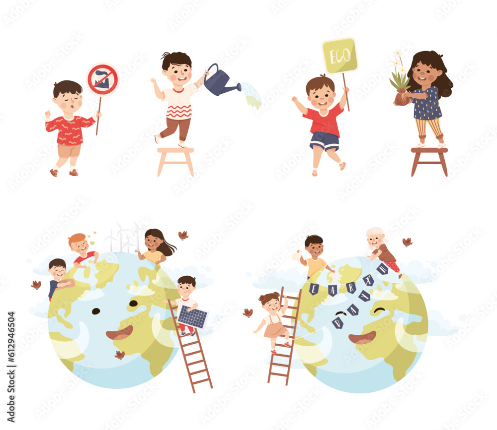 Cute Kids Caring About Earth Planet Saving World Vector Illustration Set Cute Kids Caring About Earth Planet Saving World Vector Illustration Set