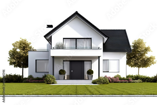 front view of a modern house with a big front lawn