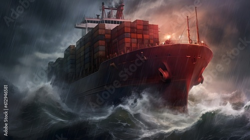 cargo ship in storm at sea