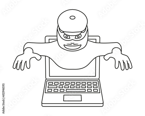 A thief comes out of a laptop in outline. A masked man took control of the laptop.