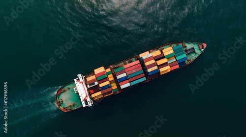Aerial top down view of a large container cargo ship in motion over open ocean