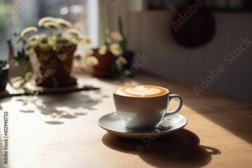 Hot latte art cofffee cup on wooden background. Generative AI