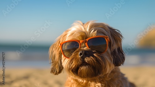 Dog wearing Sunglases at the beach. AI Generated. © Tremens Productions