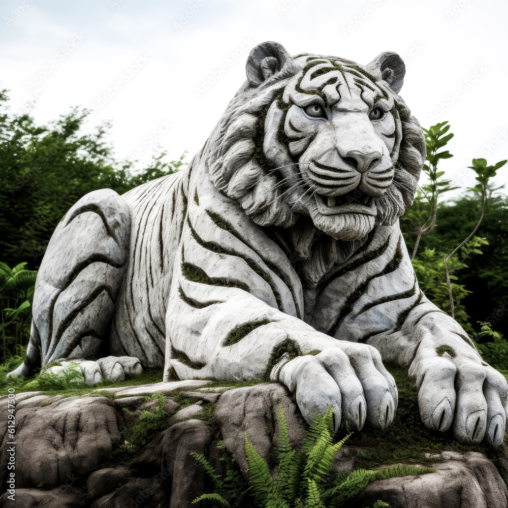 A sculpture of a tiger created from granite stands proudly in the room - generative ai\