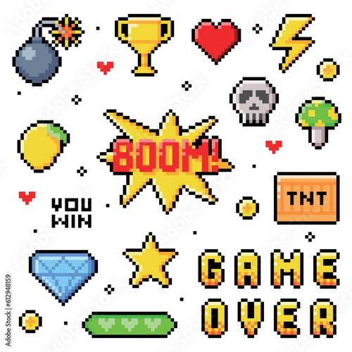 Pixel 8-bit Objects and Video Game Style Element Vector Set