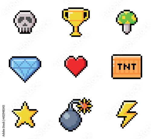 Pixel 8-bit Objects and Video Game Style Element Vector Set