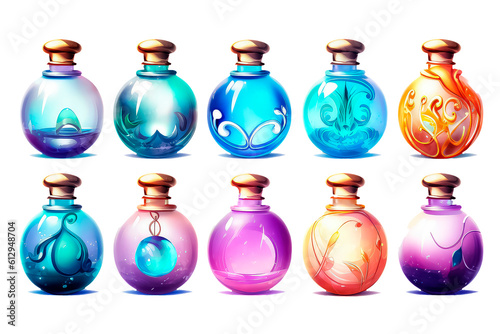 set perfume bottle in cartoon style for video game isolated on white background, AI Generative AI