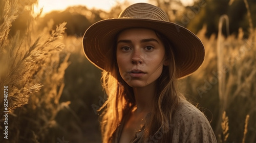 Portrait of calm boho woman in hat in sunset light on background of autumn field, carefree moment, Generative Ai © © Ai Factory