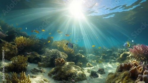 Scenic view of under water, sea bottom, with corals, sea weeds and fishes, ai generated