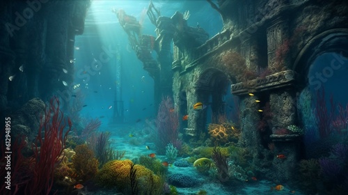 Scenic view of under water, ancient ruins on the sea bottom, with corals, sea weeds and fishes, ai generated © mashimara