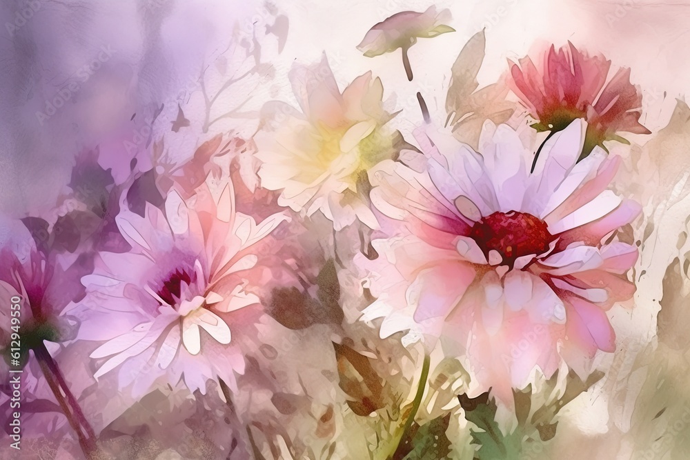 Watercolor painting of chrysanthemum flowers. Summer pattern, banner template. Generative AI.
