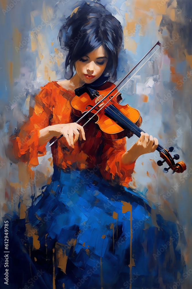 Beautiful Woman Playing Violin, Oil Painting - Generative AI