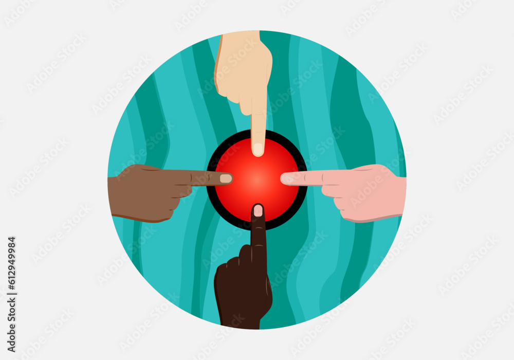 Botón rojo. 4 manos de distinto color pulsando un botón rojo. Decisión arriesgada