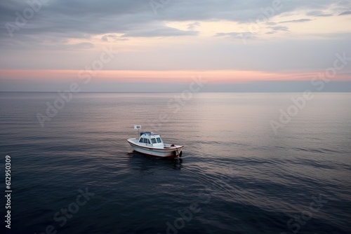 Fishing boat in the sea early in the morning, beautiful seascape. Relax time, vacation. Generative AI. © Design Ful
