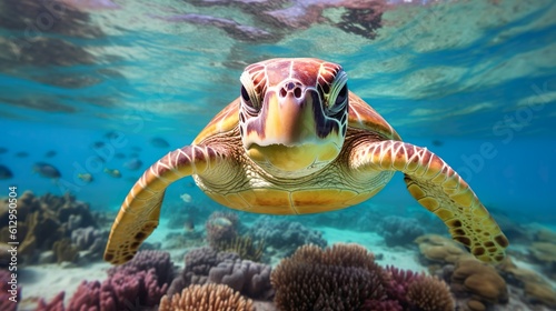 Joyful Sea Turtle Swimming in a Coral Reef, generative AI