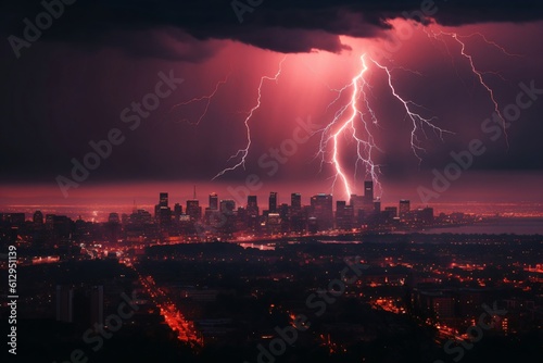 dangerous red lightning crashes on a big city created with Generative AI technology