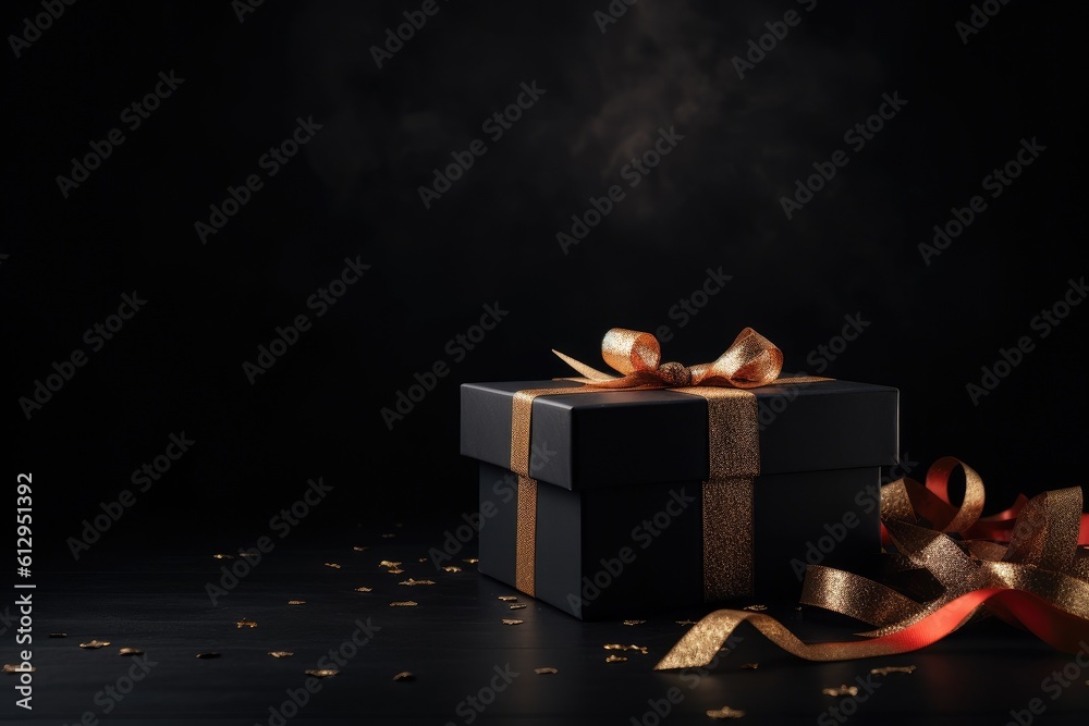 Fototapeta premium Luxury black gift box with shiny ribbon and bow on a dark background. Surprise. Festive background for Birthday, Valentine or Christmas.