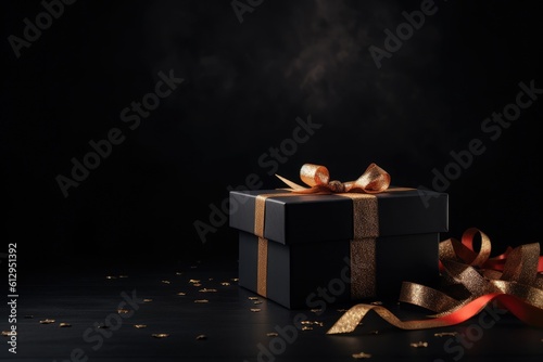 Luxury black gift box with shiny ribbon and bow on a dark background. Surprise. Festive background for Birthday, Valentine or Christmas.