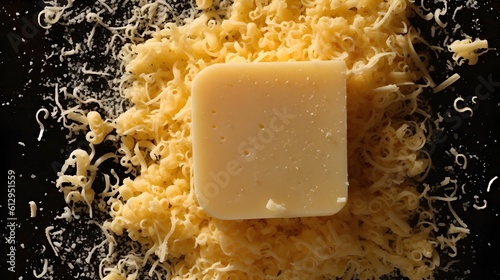 a block cheese laying on top of a mountain of shredded cheese