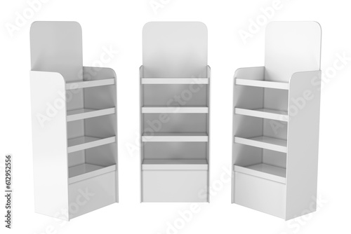 Temporary cardboard sales racks for displaying goods. 3d illustration