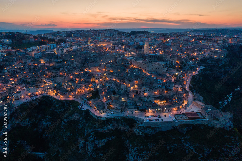 Aerial view of the ancient town of Matera at sunset, Matera, Italy