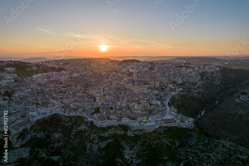 Aerial view of the ancient town of Matera at sunset, Matera, Italy