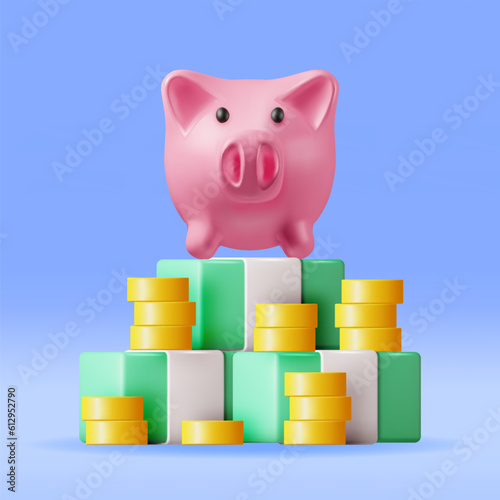 3D Piggy Bank with Coins and Banknotes. Render Plastic Piggy Bank for Money. Moneybox in Form of Pig. Concept of Cash Money, Business Deposit Investment, Financial Savings. Vector Illustration