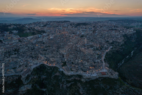 Aerial view of the ancient town of Matera at sunset, Matera, Italy