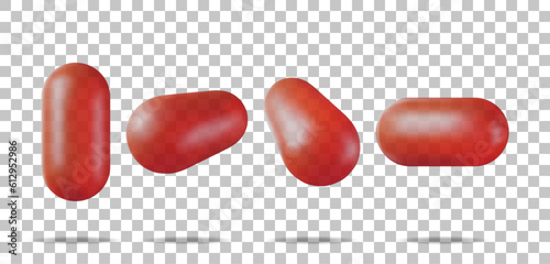 3D Classic Jelly Pills from Different Angles Collection. Render Gel Tablets Set. Pill for Illness and Pain Treatment. Medical Drug, Vitamin, Antibiotic. Healthcare Pharmacy. Vector Illustration